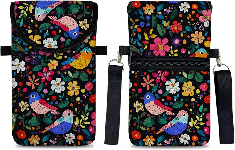 otilil Neoprene Cell Phone Sleeve Pouch Case Bag with Crossbody Strap Neck Lanyard for Women 7.5 X 4.3 in Flower Bird - Image 1
